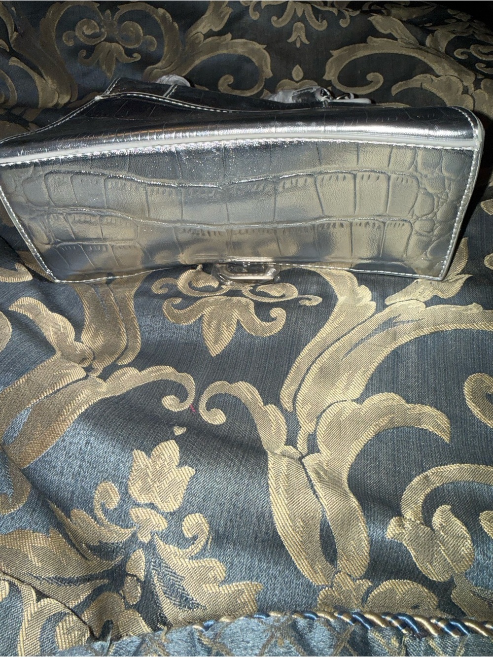Designer Inspired Silver Croc-Embossed Top Handle Bag - Picture 4 of 9